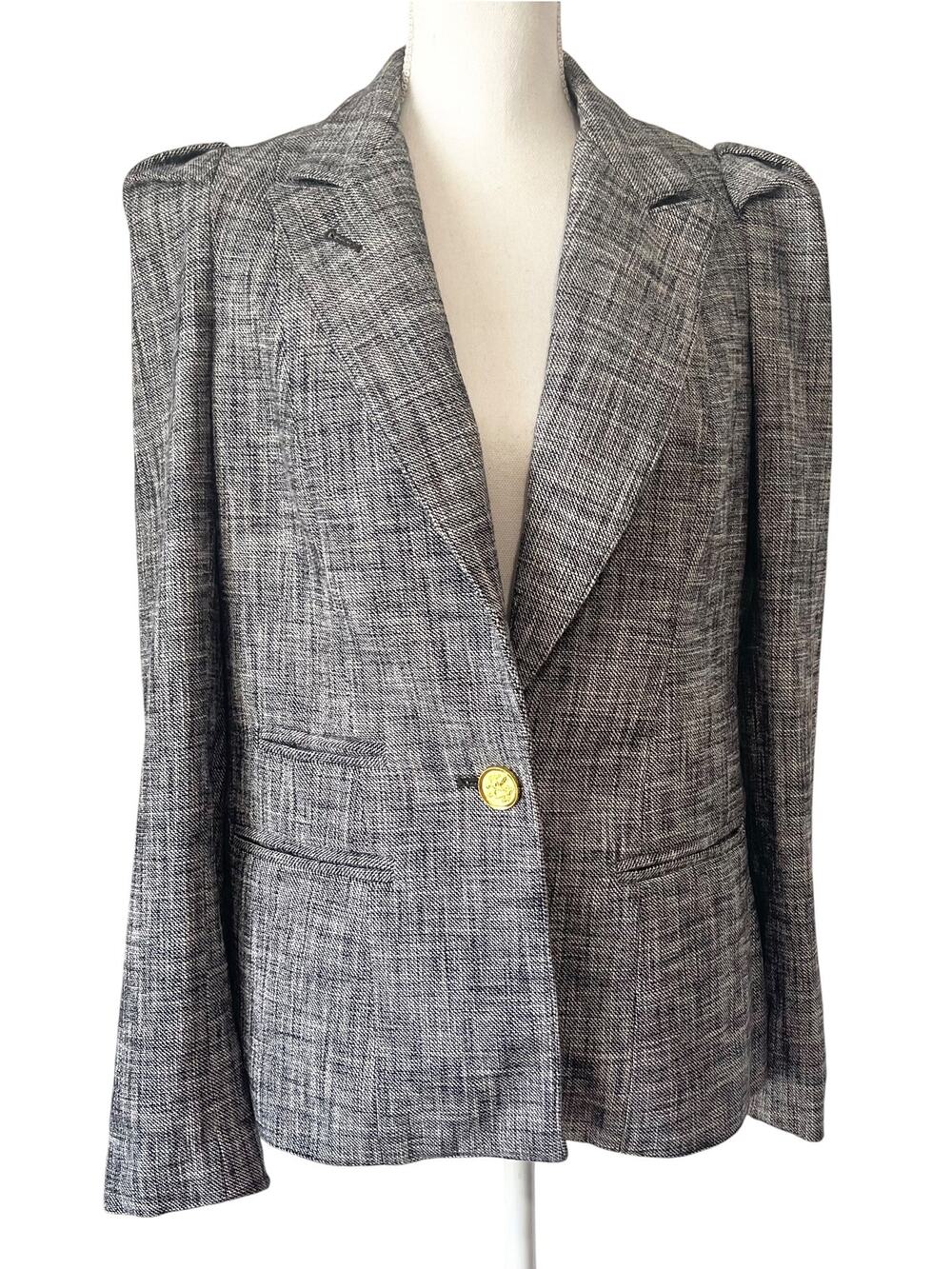 Smythe Crosshatch Box Pleat Pouf Sleeve Blazer Grey Gold Button Jacket Size 12